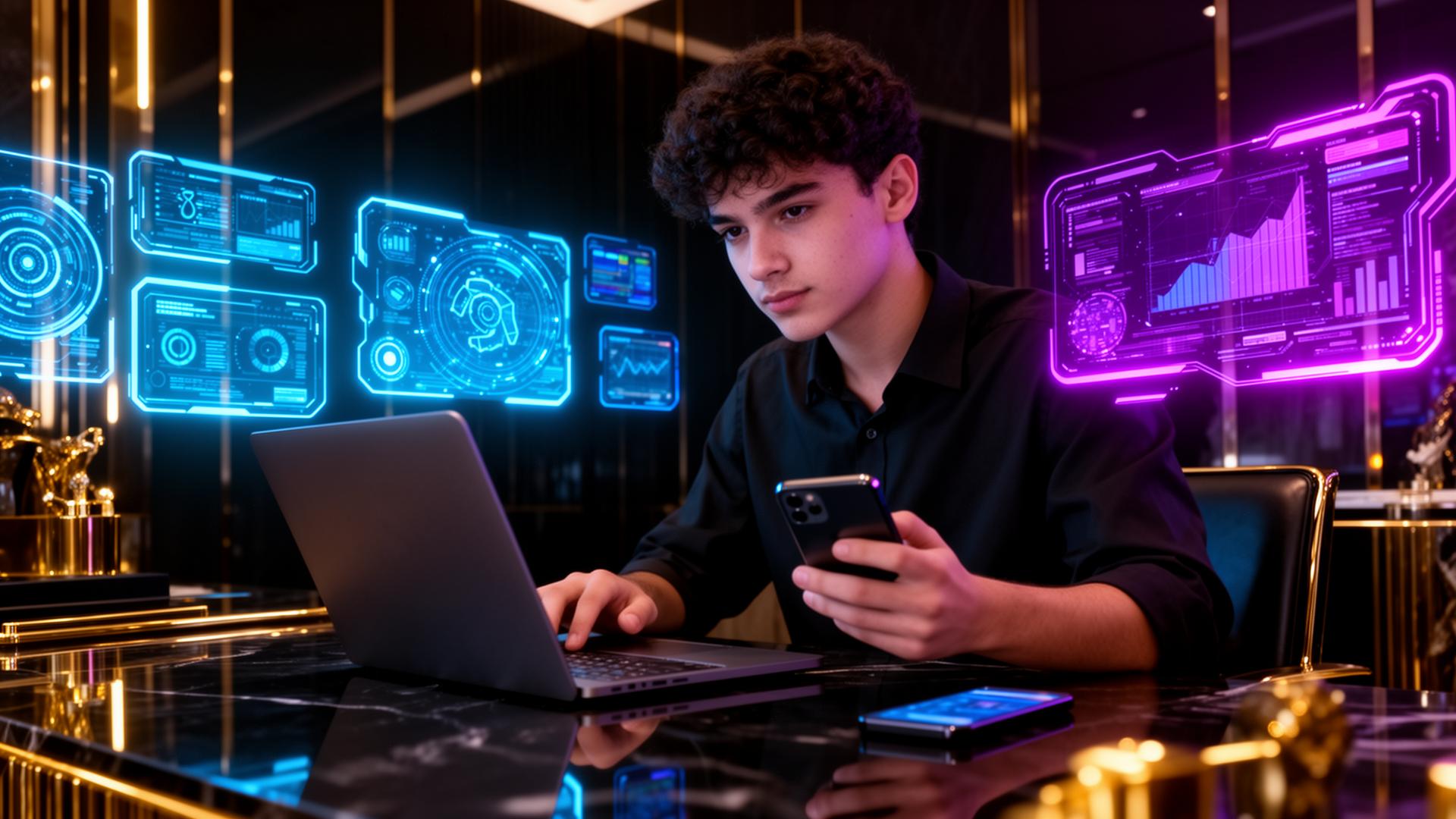 Jovem usando notebook e celular com interfaces de Inteligência Artificial holográficas
